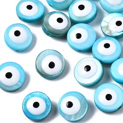 Freshwater Shell Beads, with Enamel, Dyed, Flat Round with Evil Eye