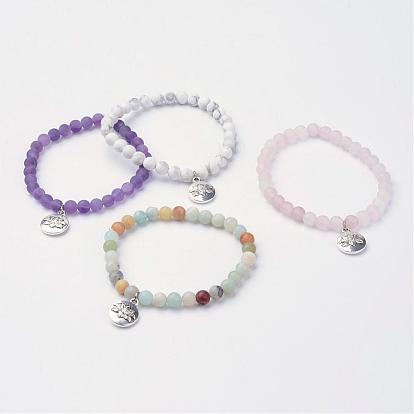 Flat Round Alloy Charm Bracelets, with Natural Gemstone Beads, Antique Silver