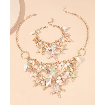 Ожерелья и браслеты из сплава, натурального ракушечного и пластикового жемчуга, морская звезда