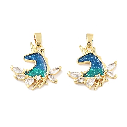 Подвески из латуни, эмали, микропаве и циркония, без кадмия, без никеля и без свинца, единорог, с блеском порошок, реальный 18 k позолоченный