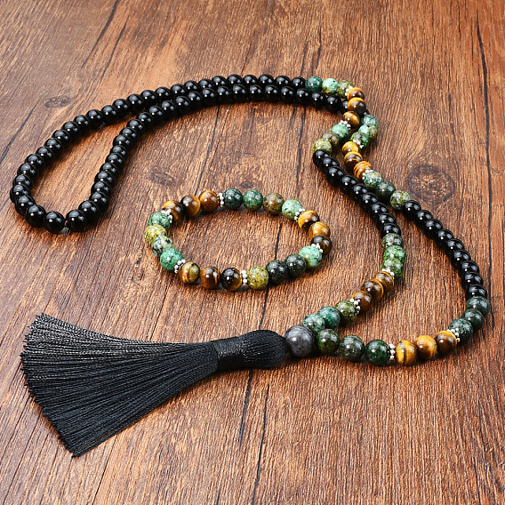 Комплекты ожерелий и браслетов с подвесками из натурального черного камня, африканской бирюзы (яшмы) и тигрового глаза, круглые четки с бусинами и кисточками