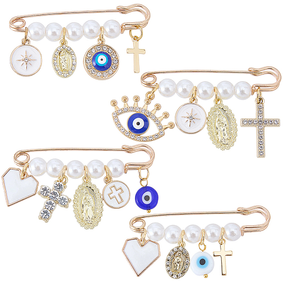 4шт. 4 стили: булавки для килта из сплава со стразами и эмалью, с изображением сглаза, креста и сердца, Девы Марии, подвески, броши-булавки