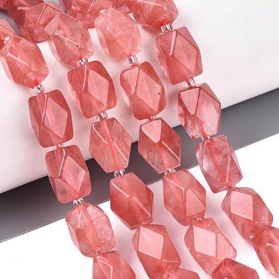 Cherry Quartz Glass Beads Strands, Faceted Diamond Cut Beads, Rhombus, with Seed Beads