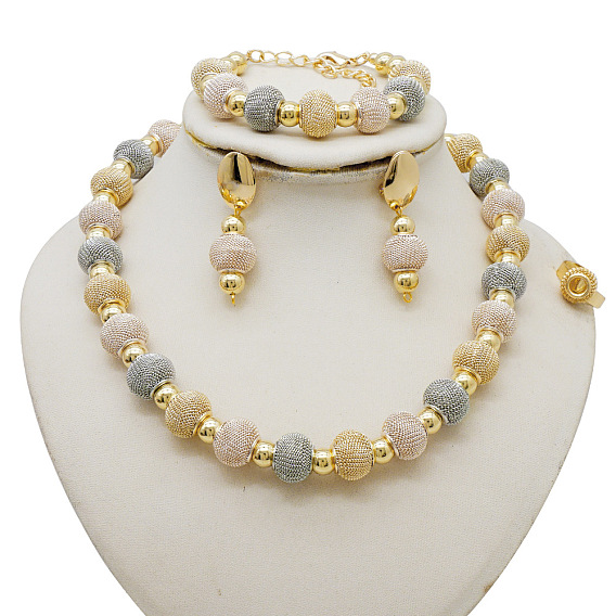 Комплект из ожерелья из бисера и сережек-гвоздиков, браслета и кольца из сплава