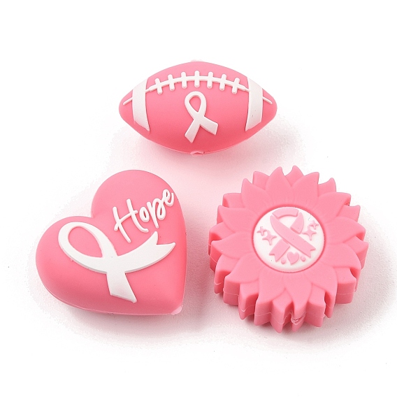 Breast Cancer Awareness Pink Ribbon Theme Silicone Beads, Focal Beads