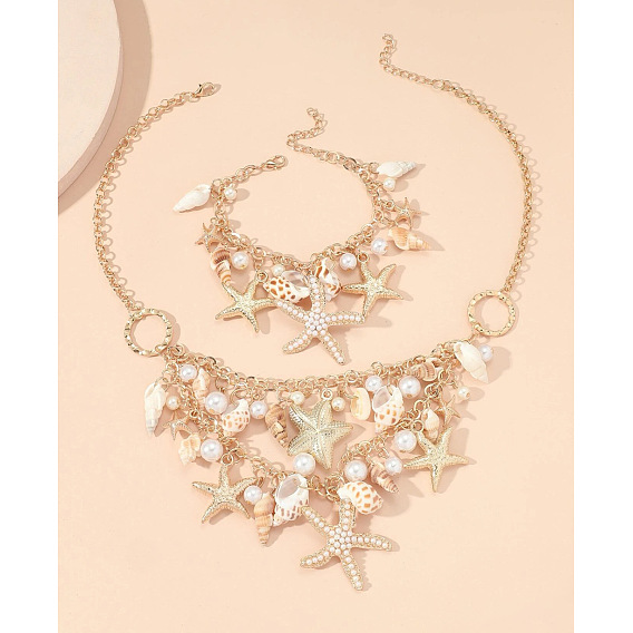 Ожерелья и браслеты из сплава, натурального ракушечного и пластикового жемчуга, морская звезда