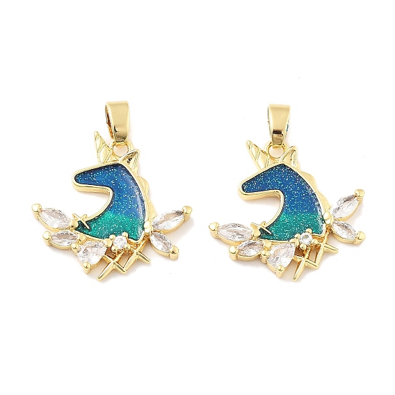 Подвески из латуни, эмали, микропаве и циркония, без кадмия, без никеля и без свинца, единорог, с блеском порошок, реальный 18 k позолоченный