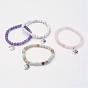 Flat Round Alloy Charm Bracelets, with Natural Gemstone Beads, Antique Silver