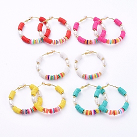 Basketball Wives Style Brass Heishi Beaded Hoop Earrings, with Natural Cultured Freshwater Pearl Beads and Plastic Earring Backs