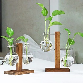 Wood Frame with Glass Vase, Hydroponic Plants Planter, Home Display Decorations