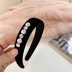 Plastic Imitation Pearl and Rhinestone Hair Bands, Wide Retro Cloth Hair Accessories for Women Girls