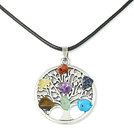 Alloy Tree of Life Pendant Necklaces, Natural & Synthetic Mixed Gemstone Chips Chakra Theme Necklace with Imitation Leather Cords