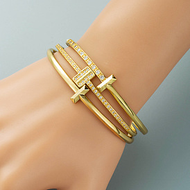 Geometric T-Bar Bangle Bracelet for Women with 18K Gold Plating and Micro Pave Zirconia