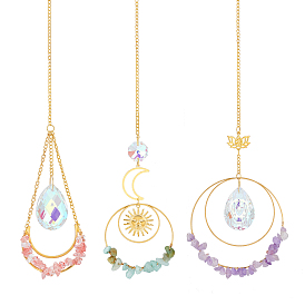 3Pcs 3 Style Iron Chandelier Decor Hanging Prism Ornaments, Suncatcher, with Faceted Glass Beads and Gemstone Beads