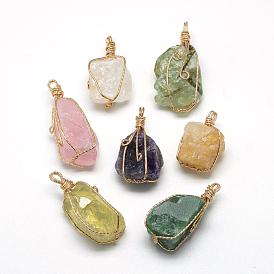 Natural Mixed Stone Pendants, with Brass Wire, Nuggets, Golden