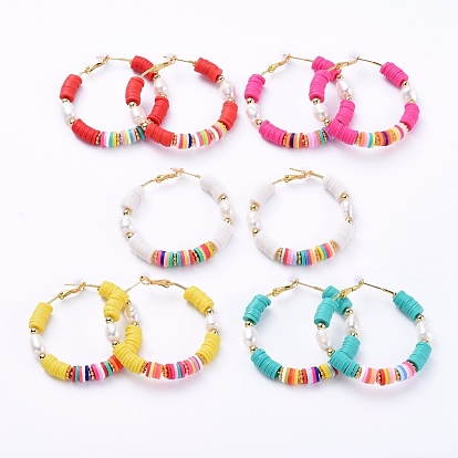 Basketball Wives Style Brass Heishi Beaded Hoop Earrings, with Natural Cultured Freshwater Pearl Beads and Plastic Earring Backs