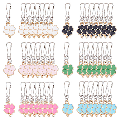 48pcs 6 styles tirette de fermeture éclair en alliage émaillé trèfle, remplacement de la languette de fermeture éclair, accessoires de vêtements et de sacs, platine et d'or