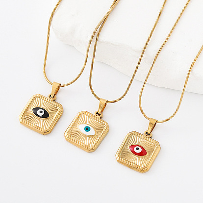 304 Collares con colgante cuadrado de ojo turco de acero inoxidable esmaltado para hombres y mujeres, dorado