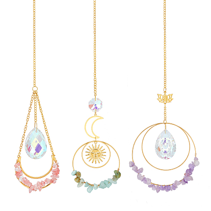3Pcs 3 Style Iron Chandelier Decor Hanging Prism Ornaments, Suncatcher, with Faceted Glass Beads and Gemstone Beads