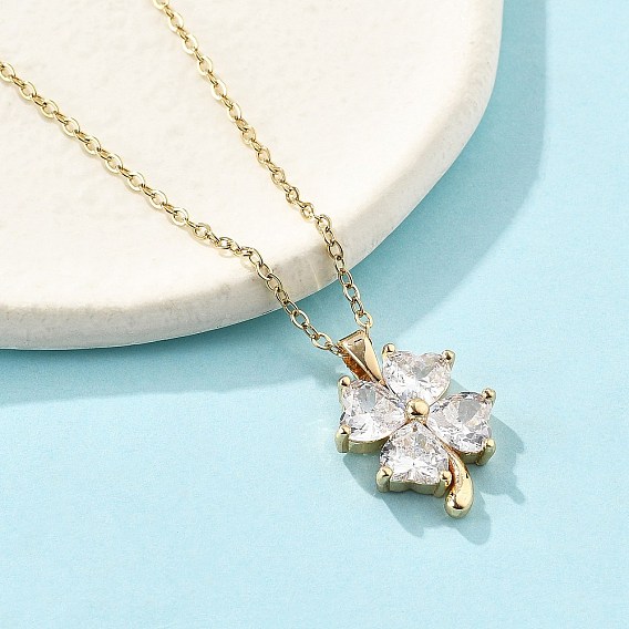 Латунный микропаве кубический цирконий четырехлистный клевер кулон ожерелья для женщин, с 304 цепи из нержавеющей стали, ионное покрытие (ip)