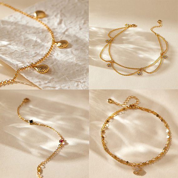 Латунные цепочки на щиколотку для женщин, реальный 18 k позолоченный