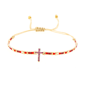 Adjustable Nylon Cord Braided Bead Bracelets, with Glass Seed Beads, Cross
