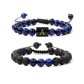 Bracelet en pierre de lave pour hommes avec verre noir brillant et breloques alphabet - ensemble de bijoux tissés à la main