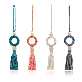 Ring with Macrame Cotton Pendant Decorations with Wood Beaded, for Interior Car View Mirror Hanging Ornament