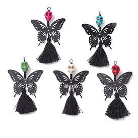 5Pcs 304 Stainless Steel Butterfly with Skull Pendants, with Synthetic Turquoise & Handmade Polycotton(Polyester Cotton) Tassel and Glass