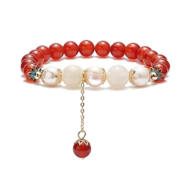Natural Gemstone & White Moonstone & Pearl Beaded Stretch Bracelet with Tassel Charms for Women