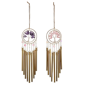 Колокольчик в виде дерева жизни, обмотанного проволокой из натуральных драгоценных камней., Металлические трубки и стеклянные хрустальные элементы для украшения сада и патио., золотые