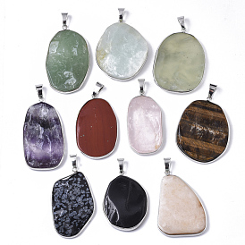 Natural Gemstone Pendants, with Platinum Tone Brass Edge and Iron Snap on Bails, Nuggets