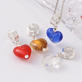 Heart Handmade Silver Foil Lampwork European Dangle Charms, with Silver Color Plated Alloy Findings and Iron Spacer Beads, 28x12mm, Hole: 4.5mm