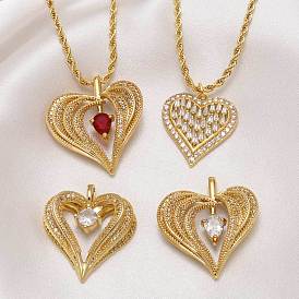 Valentine's Day Brass Pave Cubic Zirconia Pendant Necklaces, Heart, Golden