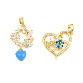 Brass Micro Pave Clear Cubic Zirconia Pendants, Heart Charms with Blue Enamel, Golden