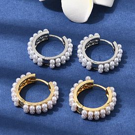 Круглые латунные серьги-кольца, с пластмассовой жемчужиной abs, долговечный, стойки покрытие, без свинца и без кадмия