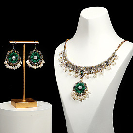 Luxury Flower Necklace Earrings Set - Elegant Diamond Pearl Tassel Jewelry