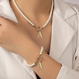 Plastic Imitation Pearl Beaded Bracelets & Necklaces Sets, with Alloy Letter A Charm, for Women