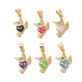 Rack Plating Brass Cubic Zirconia Pendants, with Enamel & Shell, Long-Lasting Plated, Lead Free & Cadmium Free, Real 18K Gold Plated, Bird with Heart