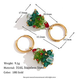 Рождественская елка 304 серьги-кольца из нержавеющей стали с эмалью, со стеклом