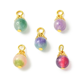 20Pcs Natural White Jade Dyed Bead Pendants, Two Tone Round Charms with Golden Plated Iron Loops