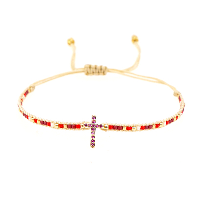 Adjustable Nylon Cord Braided Bead Bracelets, with Glass Seed Beads, Cross