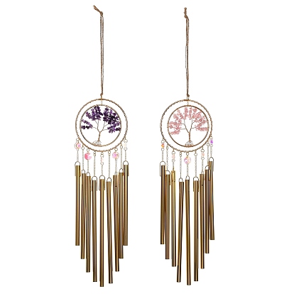 Колокольчик в виде дерева жизни, обмотанного проволокой из натуральных драгоценных камней., Металлические трубки и стеклянные хрустальные элементы для украшения сада и патио., золотые