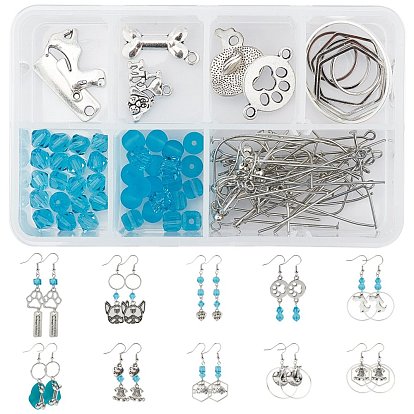 Kits de fabrication de boucles d'oreilles sur le thème du chien, y compris les pendentifs en alliage et les connecteurs de liens, Pendentifs en fer, perles de verre bicône, anneaux de liaison et crochets de boucles d'oreilles, accessoires en fer