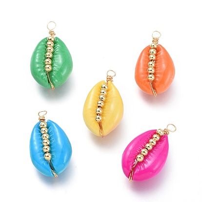 Spray Paint Cowrie Shell Pendants, with Brass Beads and Copper Wire, Golden