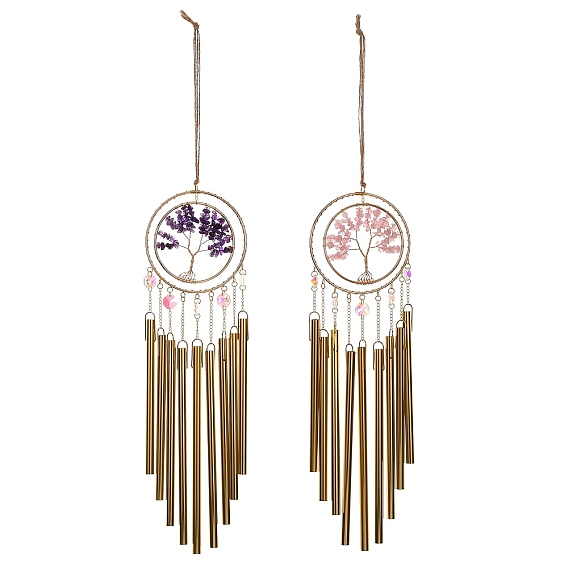 Колокольчик в виде дерева жизни, обмотанного проволокой из натуральных драгоценных камней., Металлические трубки и стеклянные хрустальные элементы для украшения сада и патио., золотые