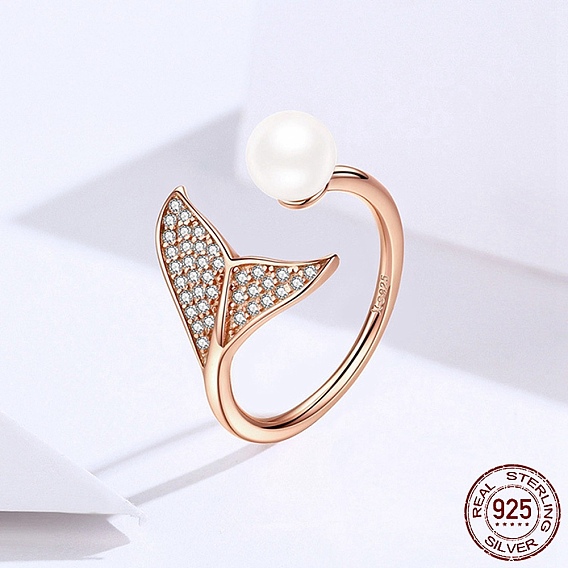Adjustable 925 Sterling Silver Finger Rings, with Cubic Zirconia and Shell Pearl, with 925 Stamp, Mermaid Tail Shape