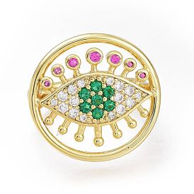 Brass Micro Pave Cubic Zirconia Cuff Rings, Open Rings, Long-Lasting Plated, Flat Round with Eye, Colorful