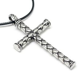 Alloy Pendant Necklaces, with Waxed Cord and Iron End Chains, Cross