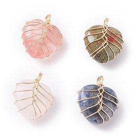 Pendentifs en pierres naturelles et synthétiques à facettes, avec du fil de cuivre en or véritable 18k enroulé, cœur
